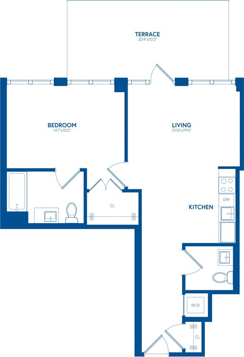 Floor plan for 1 bed, 1.5 baths, 714 sqft
